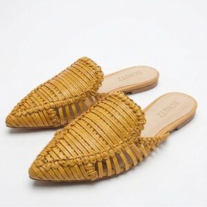 Schutz Woven Leather Pointed Toe Mules Slides Yellow Huarache Size 8B Boho Flats